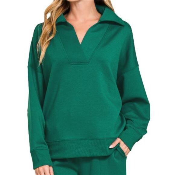 Zenana Scuba Collared Pullover and Pants Set - Picture 1 of 2